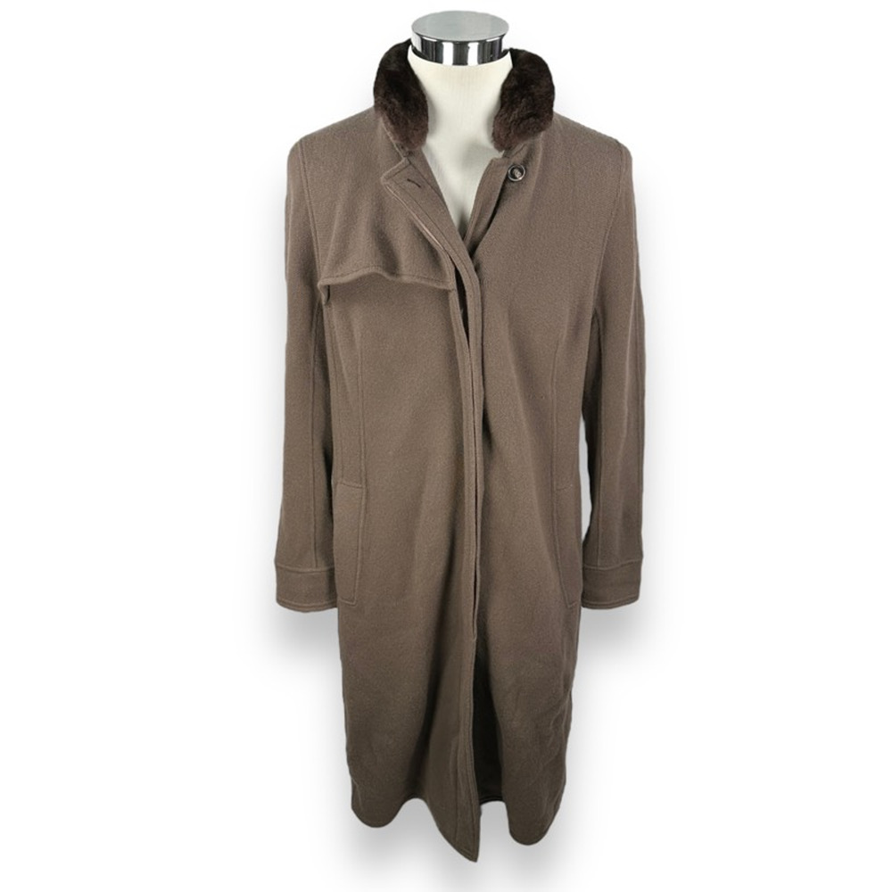 Akris Cashmere Coat‎ Women's 12 Brown Removable Chinchilla Collar Button Pockets